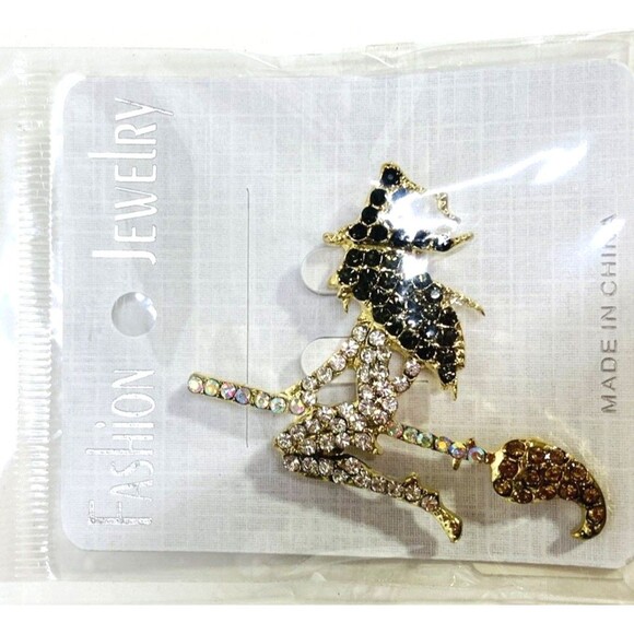 Crystal Witch Pin‎ Broom Rhinestone  Black Clear Brooch Pin Gold Tone NEW - Picture 8 of 8